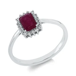 Ring aus 750 Weißgold Rubin 0,6ct rot 18 Diamanten 0,11ct TW-SI B:8,9mm 4er-Krappe