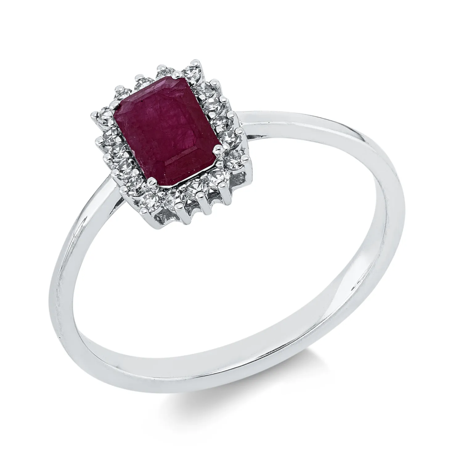 Ring aus 750 Weißgold Rubin 0,6ct rot 18 Diamanten 0,11ct TW-SI B:8,9mm 4er-Krappe