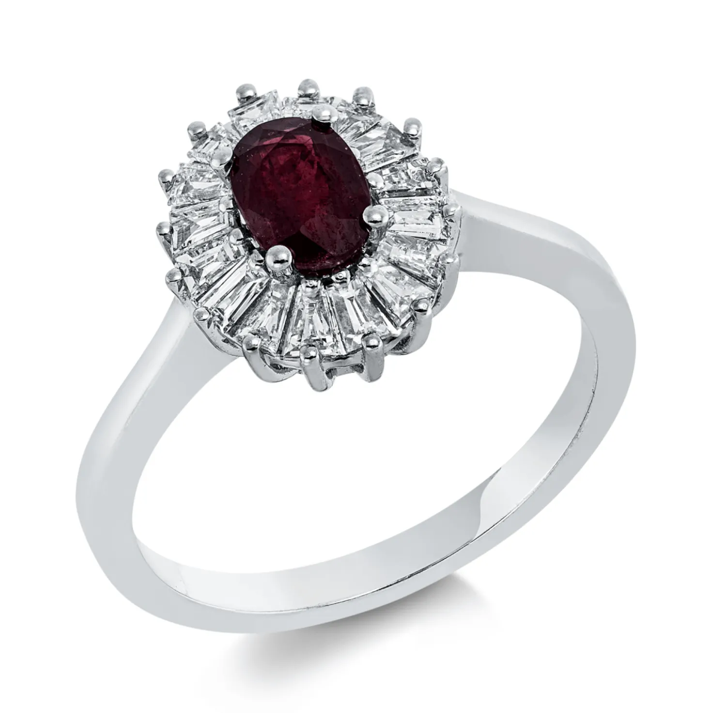Ring aus 750 Weißgold Rubin 0,62ct rot 16 Diamanten Trapez-Schliff 0,44ct F-VSI