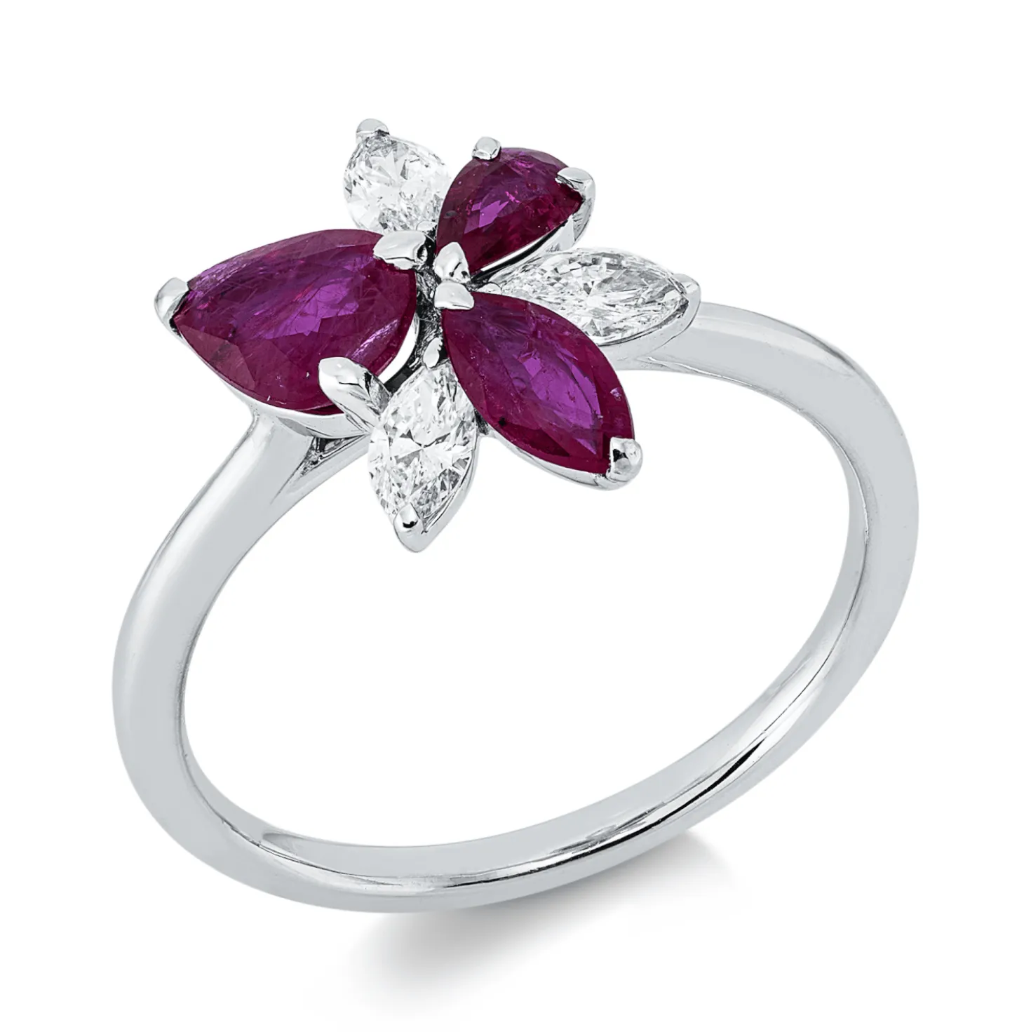 Ring aus 750 Weißgold 3 Rubine 1,05ct rot 3 Diamanten Navette-Schliff 0,36ct TW-SI