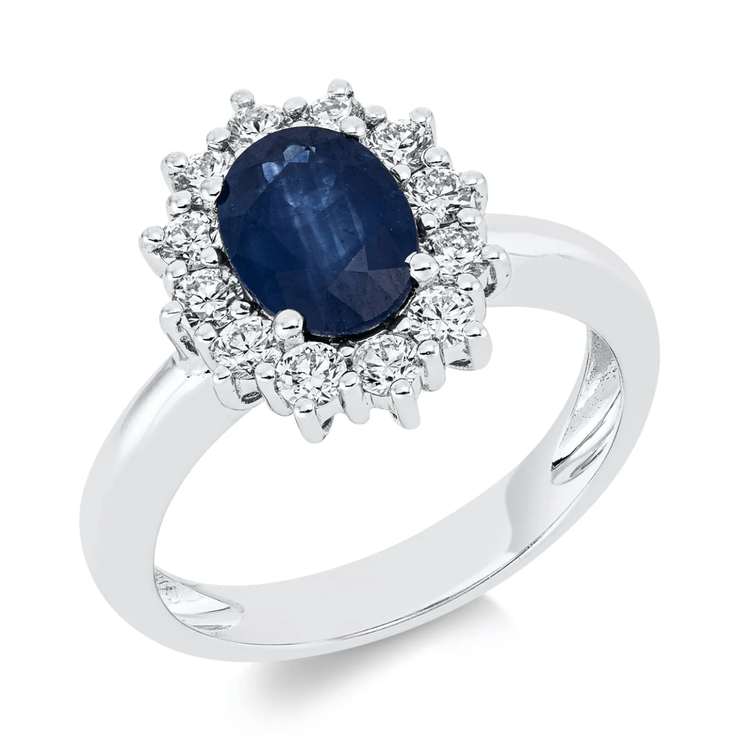 Ring aus 750 Weißgold Saphir 1,5ct blau 12 Brillanten 0,55ct TW-SI B:13,8mm