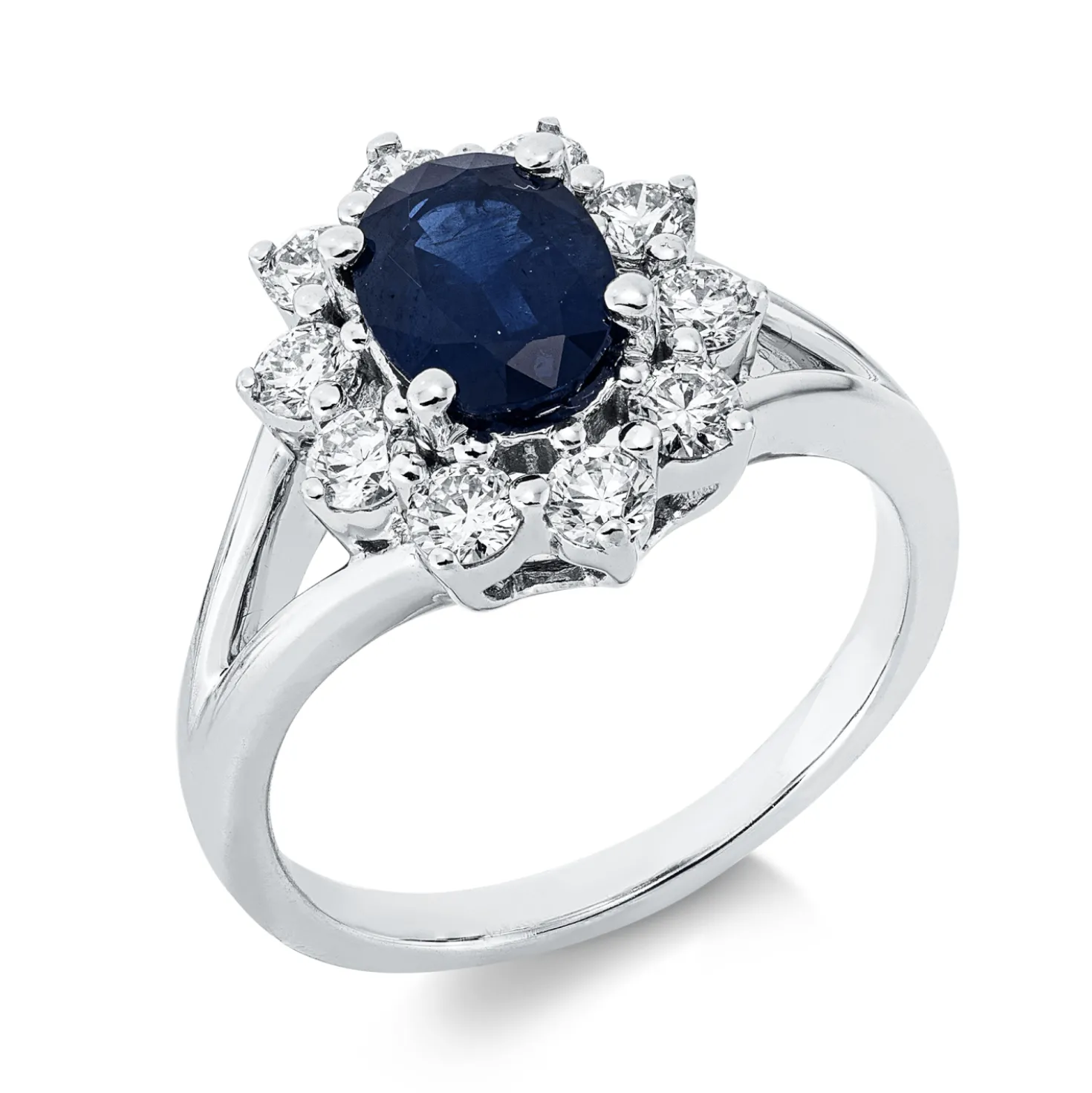 Ring aus 750 Weißgold Saphir 1,43ct blau 10 Brillanten 0,76ct TW-SI B:14mm