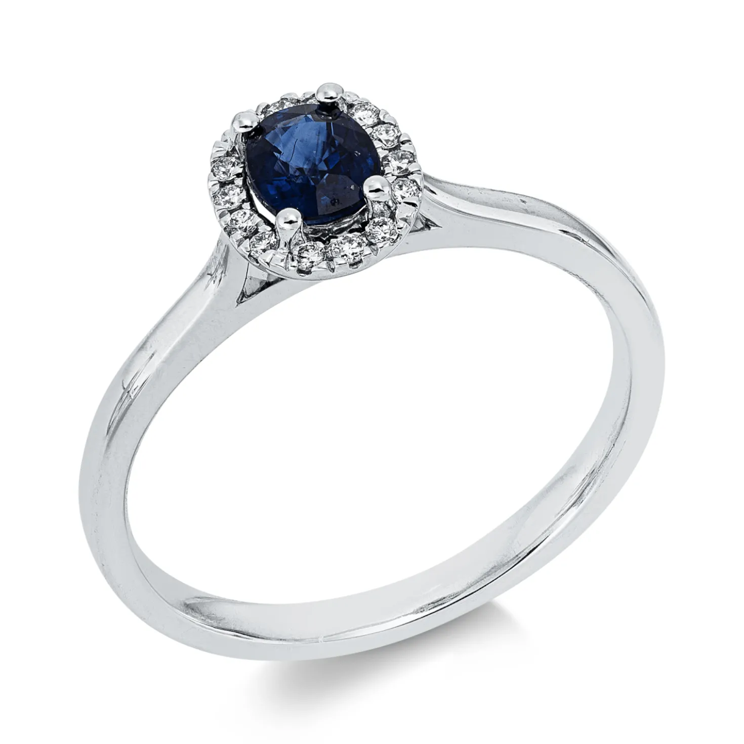 Ring aus 750 Weißgold Saphir 0,5ct blau 14 Brillanten 0,07ct TW-SI B:7,6mm
