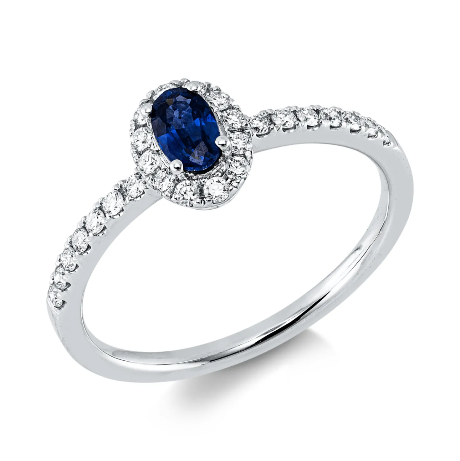 Ring aus 750 Weißgold Saphir 0,34ct blau 26 Brillanten 0,22ct TW-SI H:5,7mm