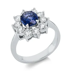 Ring aus 750 Weißgold Saphir 1,38ct blau 10 Brillanten 1,11ct TW-VSI/SI B:14,6mm