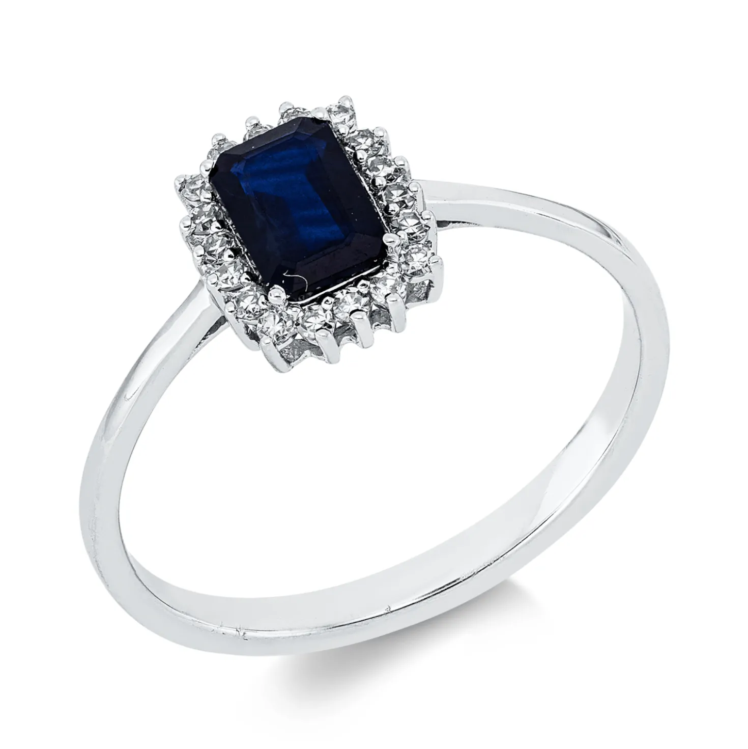 Ring aus 750 Weißgold Saphir 0,68ct blau 18 Diamanten 0,11ct TW-SI B:8,7mm