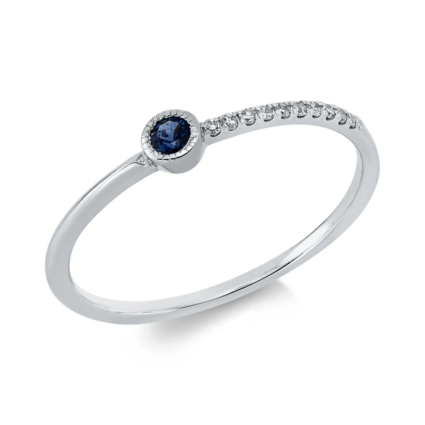 Ring aus 750 Weißgold Saphir 0,08ct blau 10 Diamanten 0,05ct W-SI B:3,1mm