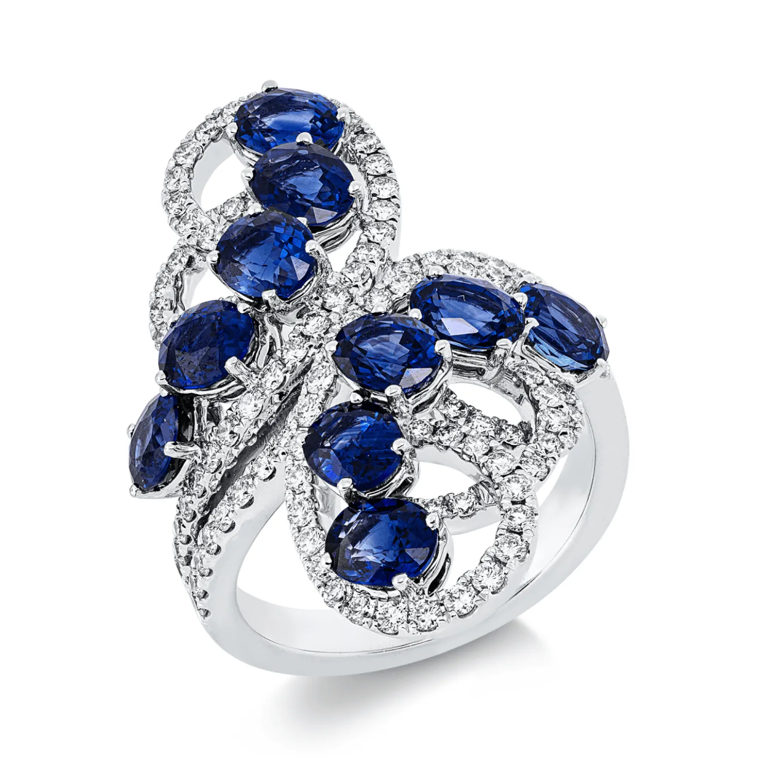 Ring aus 750 Weißgold 10 Saphire 4,79ct blau 106 Brillanten 1ct F-VVS/VS B:32mm