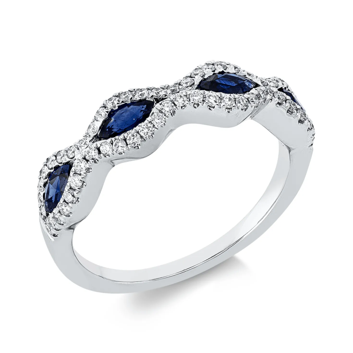 Ring aus 750 Weißgold 4 Saphire 0,52ct blau 58 Brillanten 0,3ct TW-SI B:4,7mm