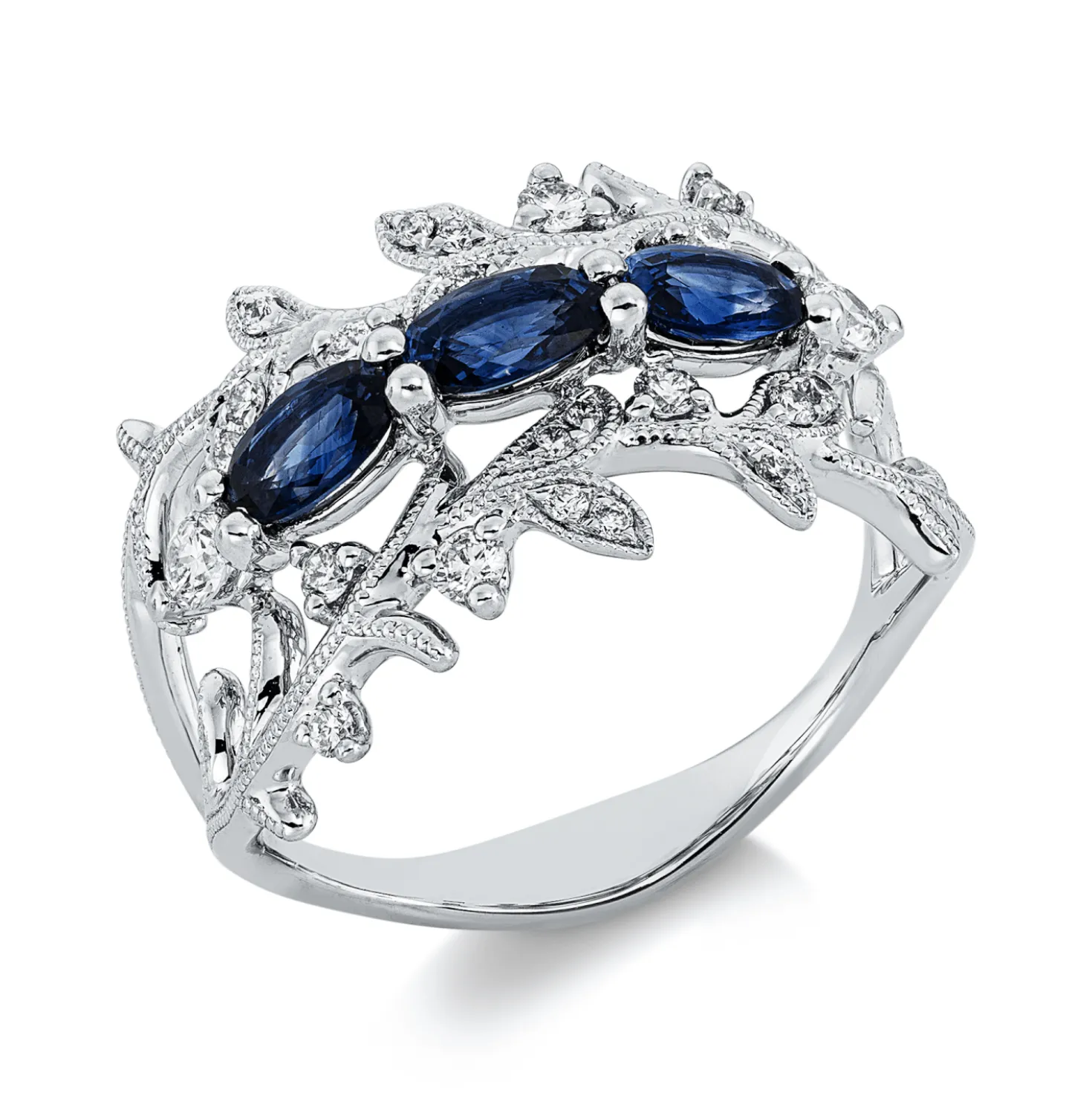 Ring aus 750 Weißgold 3 Saphire 0,91ct blau 24 Brillanten 0,31ct TW-SI B:12,4mm