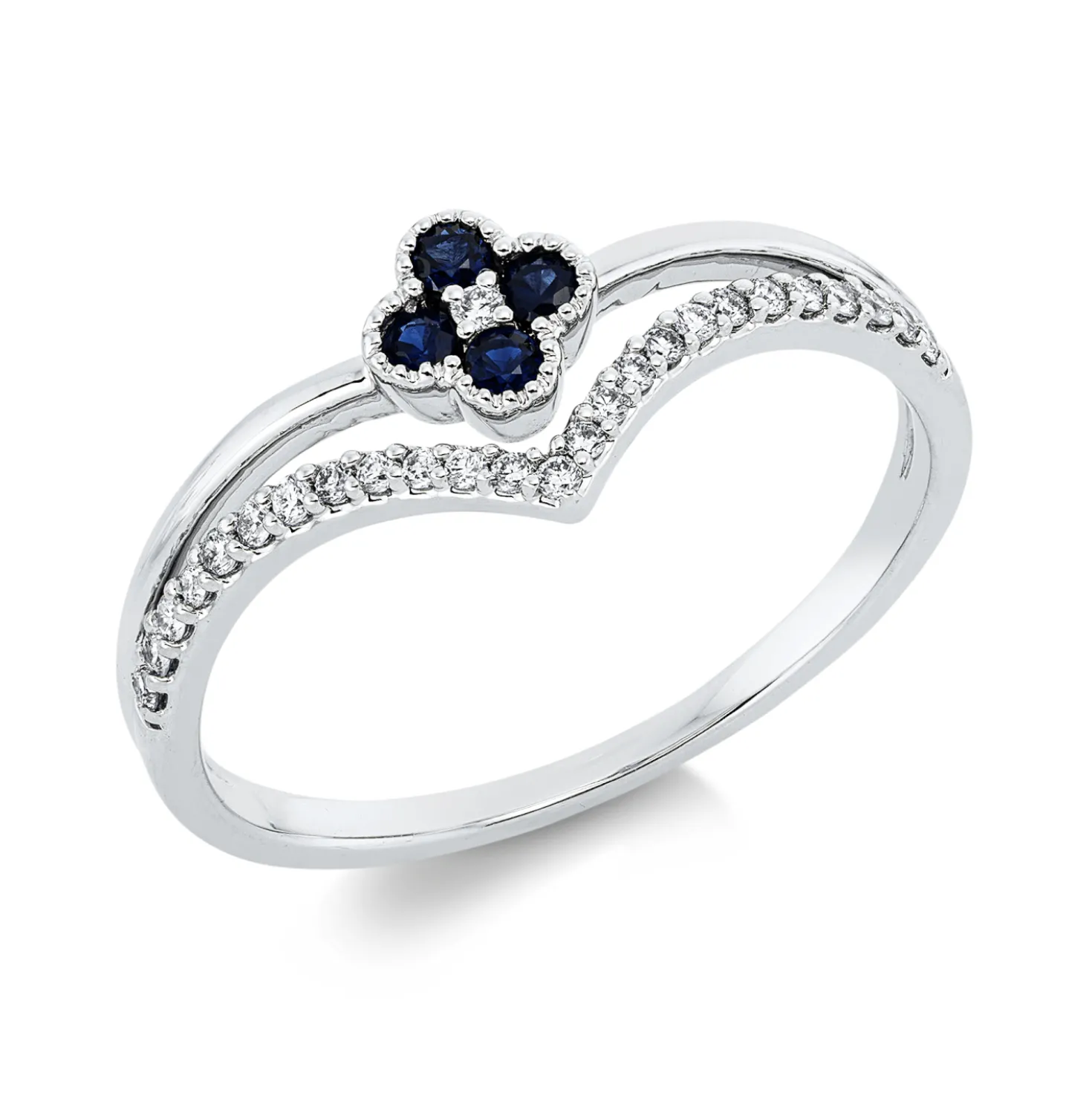 Ring aus 750 Weißgold 4 Saphire 0,16ct blau 26 Brillanten 0,11ct TW-SI B:7,4mm