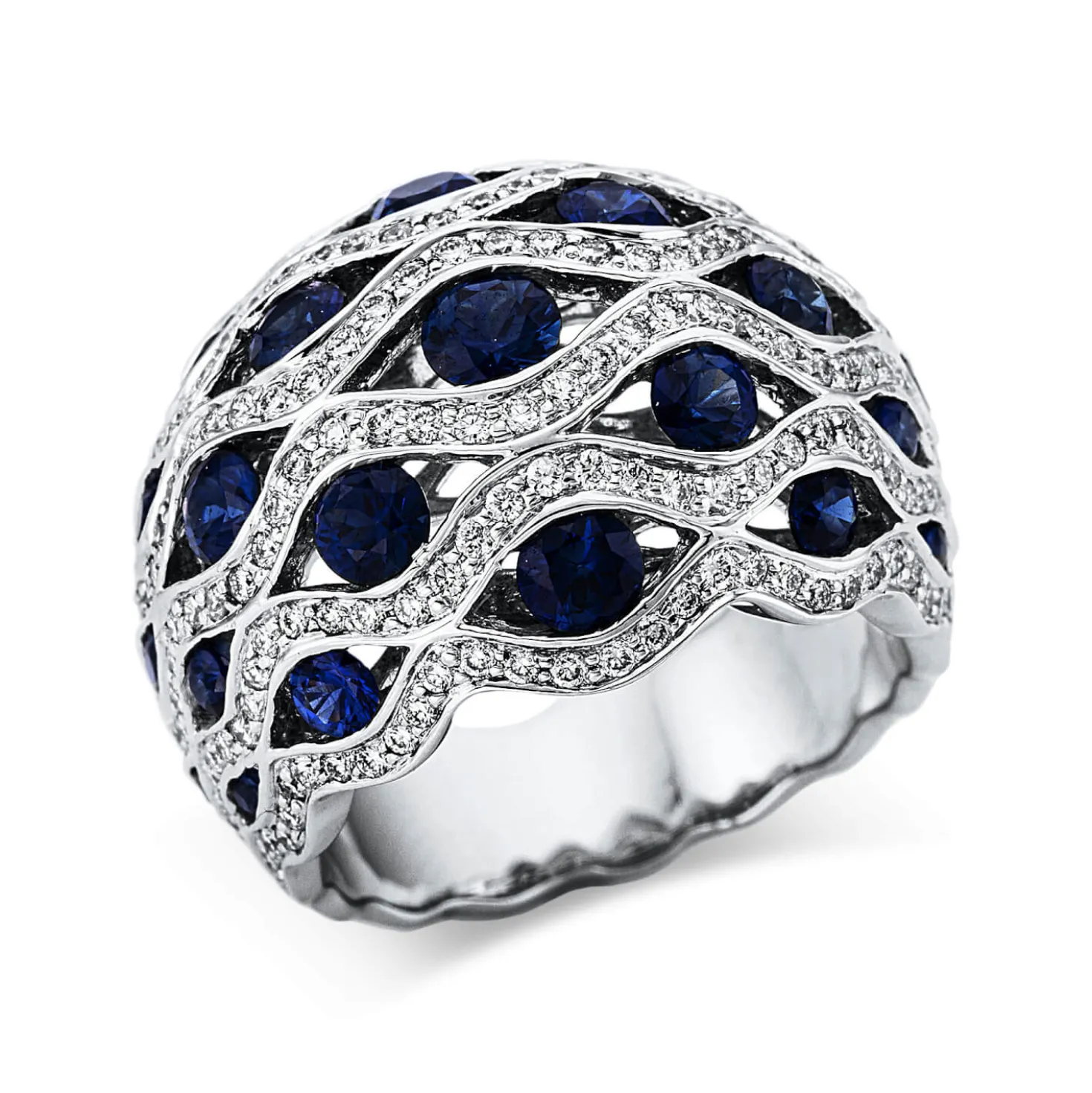Ring aus 750 Weißgold 29 Saphire 2,47ct blau 214 Brillanten 1ct TW-VSI B:17,8mm