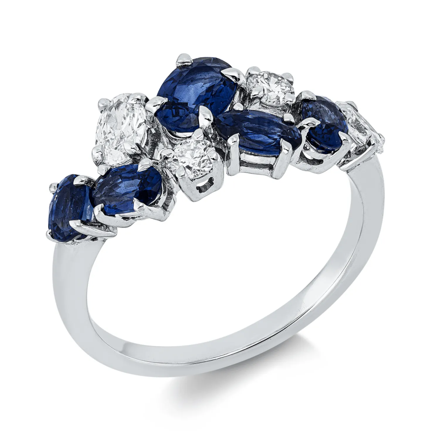 Ring aus 750 Weißgold 5 Saphire 1,68ct blau 4 Diamanten 0,48ct TW-SI B:8,5mm