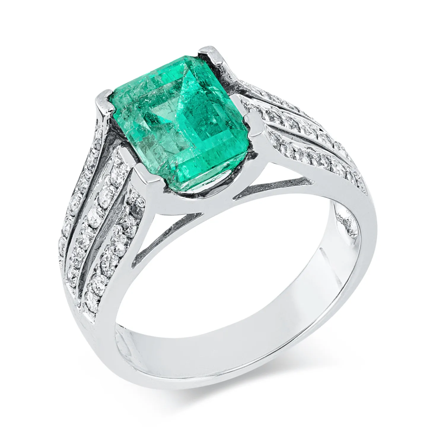 Ring aus 750 Weißgold Smaragd 2,42ct grün 36 Brillanten 0,5ct F-PI B:9,1mm