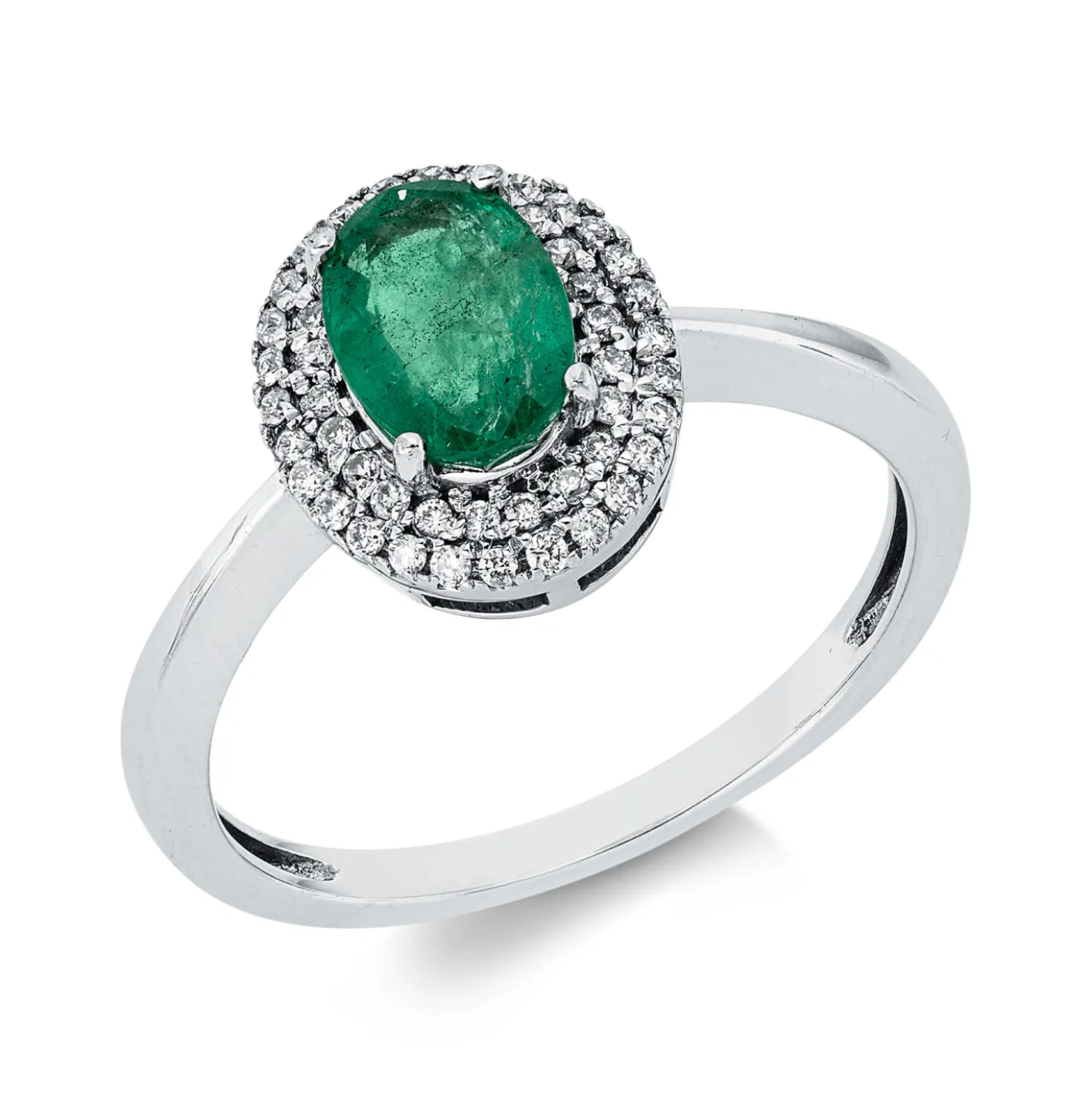 Ring aus 750 Weißgold Smaragd 0,77ct grün 50 Brillanten 0,15ct F-SI B:10,8mm