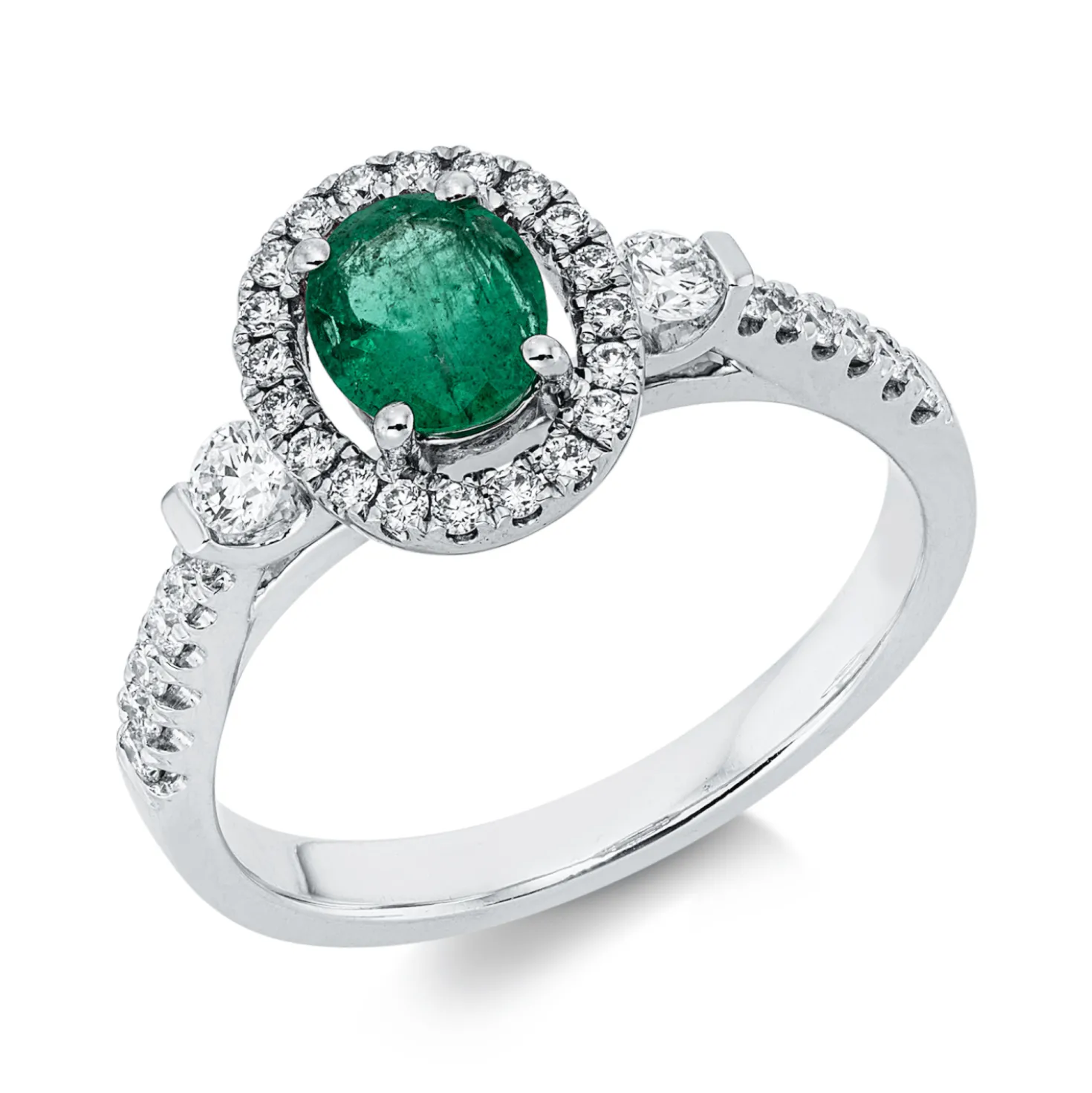 Ring aus 750 Weißgold Smaragd 0,53ct grün 33 Brillanten 0,38ct TW-SI B:9,8mm
