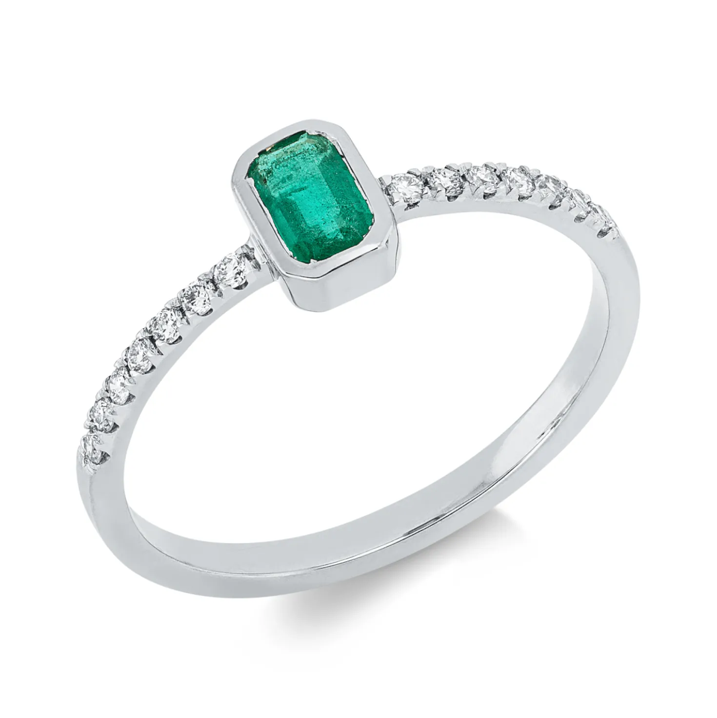 Ring aus 750 Weißgold Smaragd 0,3ct grün 14 Brillanten 0,13ct TW-SI B:6mm