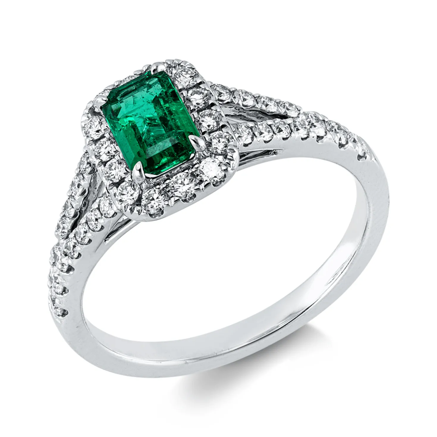 Ring aus 750 Weißgold Smaragd 0,52ct grün 36 Brillanten 0,42ct TW-SI B:9mm