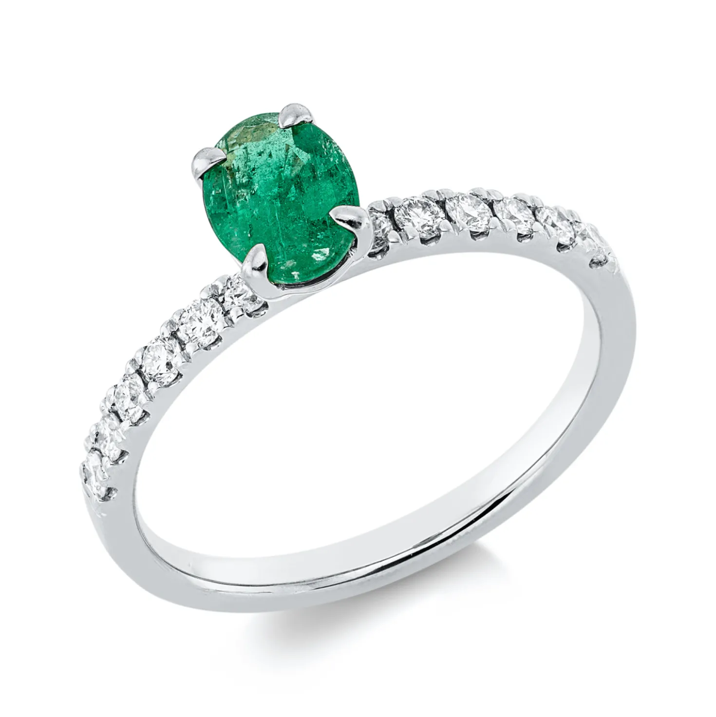 Ring aus 750 Weißgold Smaragd 0,63ct grün 12 Brillanten 0,26ct TW-SI B:6,9mm