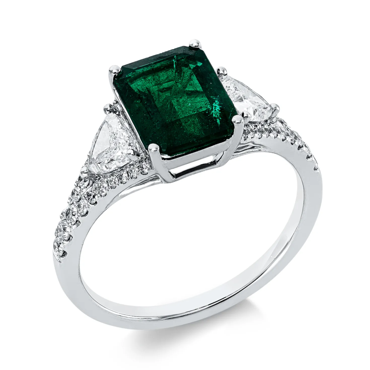 Ring aus 750 Weißgold Smaragd 2,13ct grün 19 Diamanten 0,8ct TW-VSI B:9,2mm