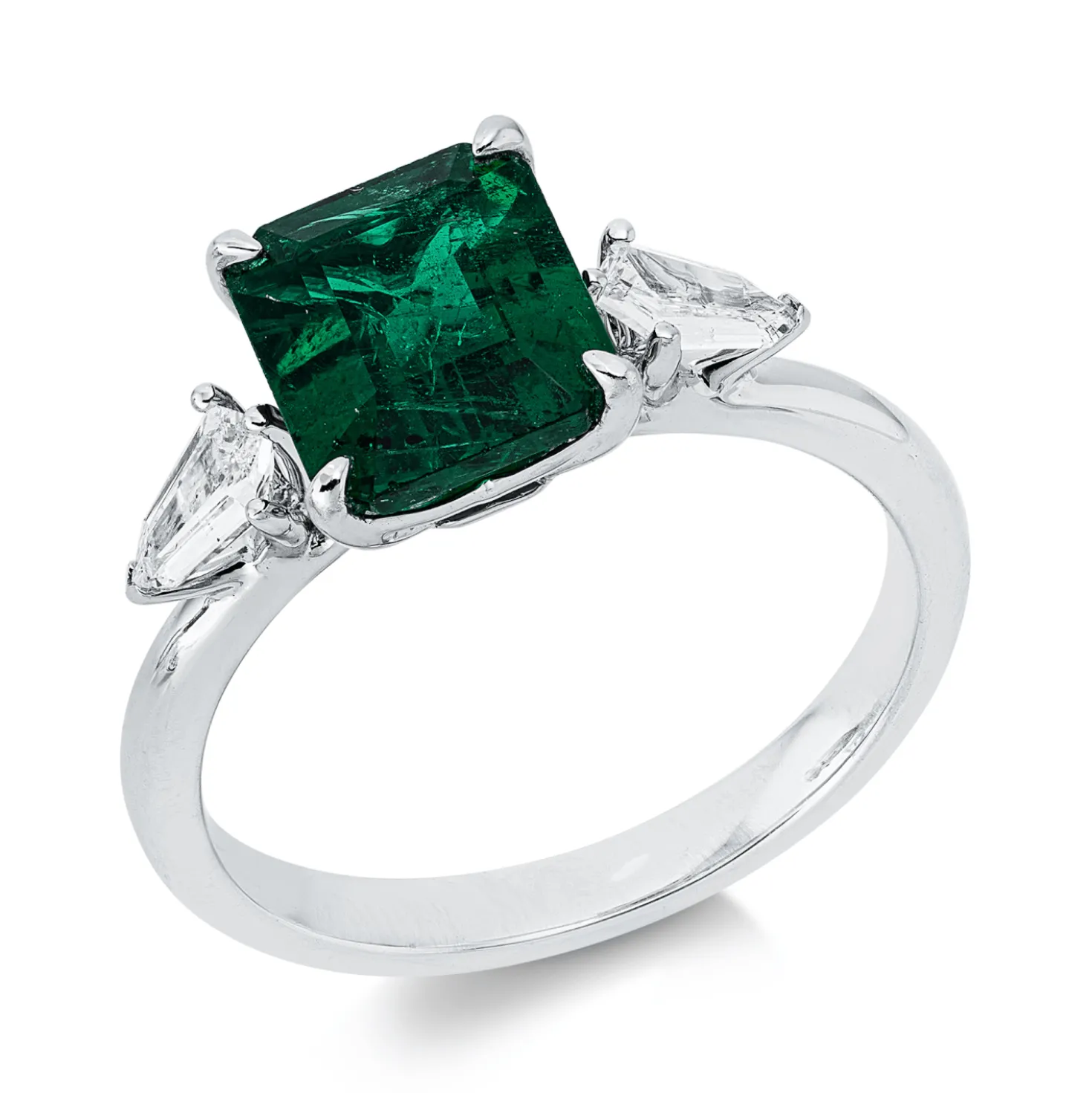 Ring aus 750 Weißgold Smaragd 1,79ct grün 2 Diamanten Fanatsy-Schliff 0,32ct E-SI