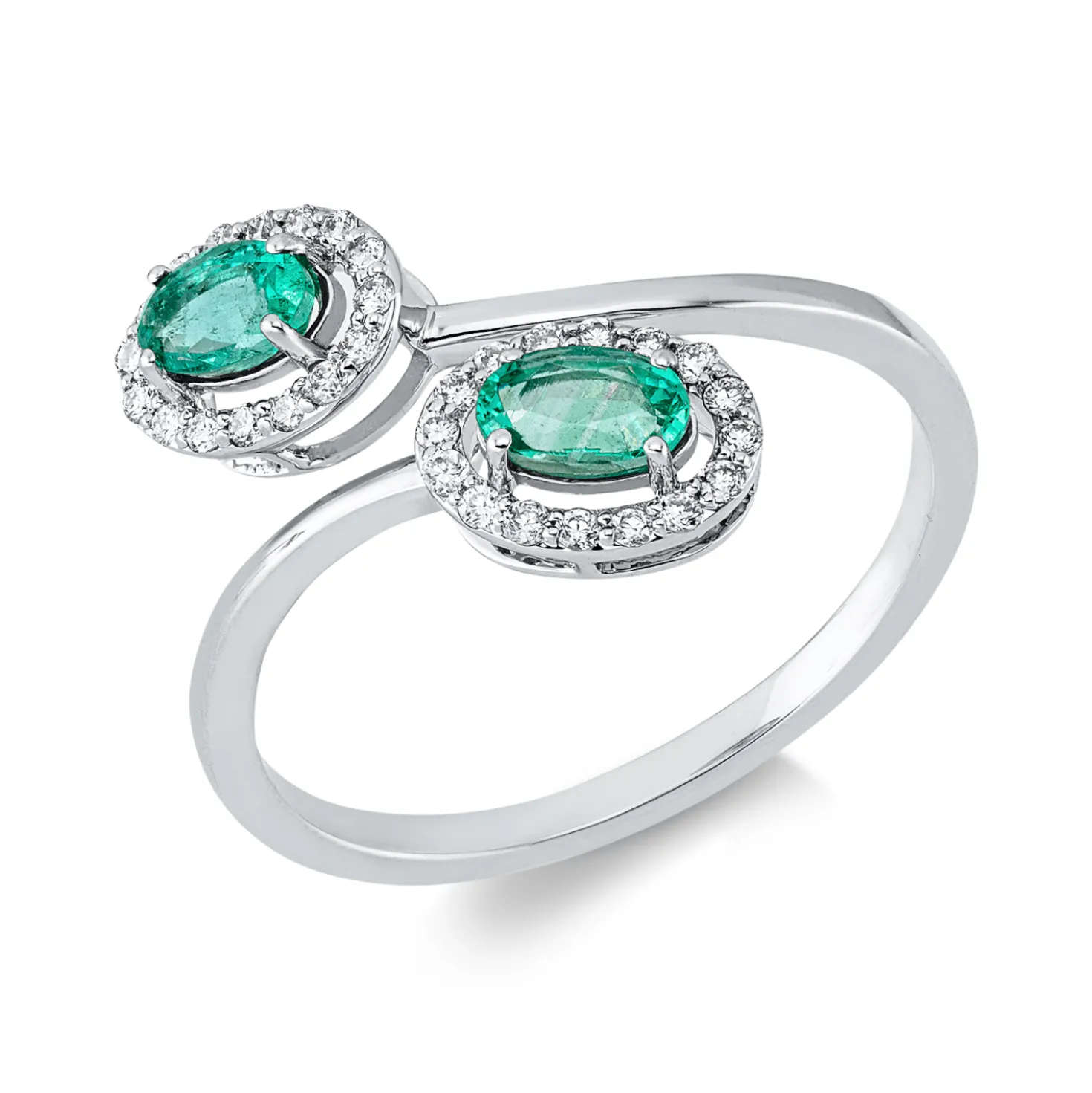 Ring aus 750 Weißgold 2 Smaragde 0,46ct grün 32 Brillanten 0,16ct TW-SI B:10,2mm