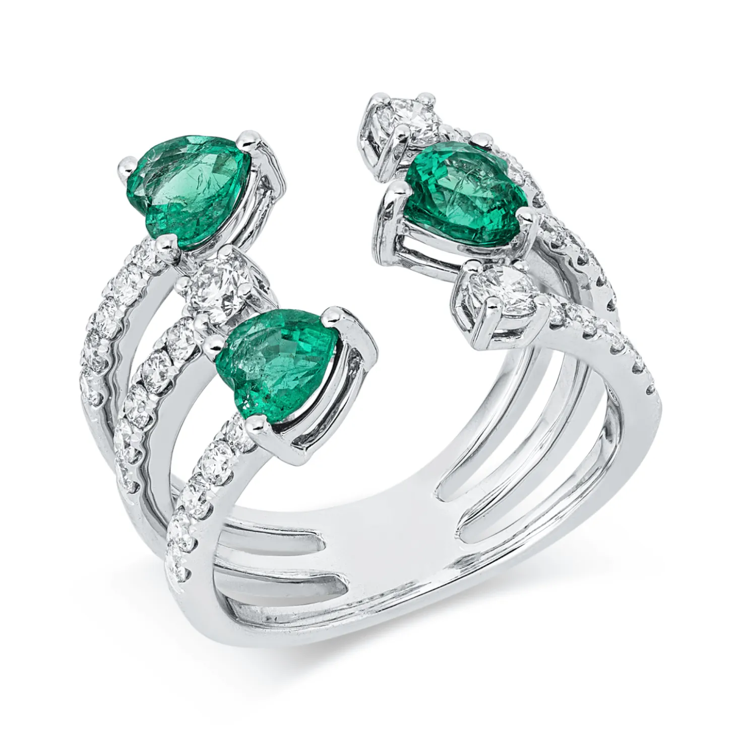Ring aus 750 Weißgold 3 Smaragde 1,37ct grün 33 Brillanten 0,92ct TW-SI B:15mm