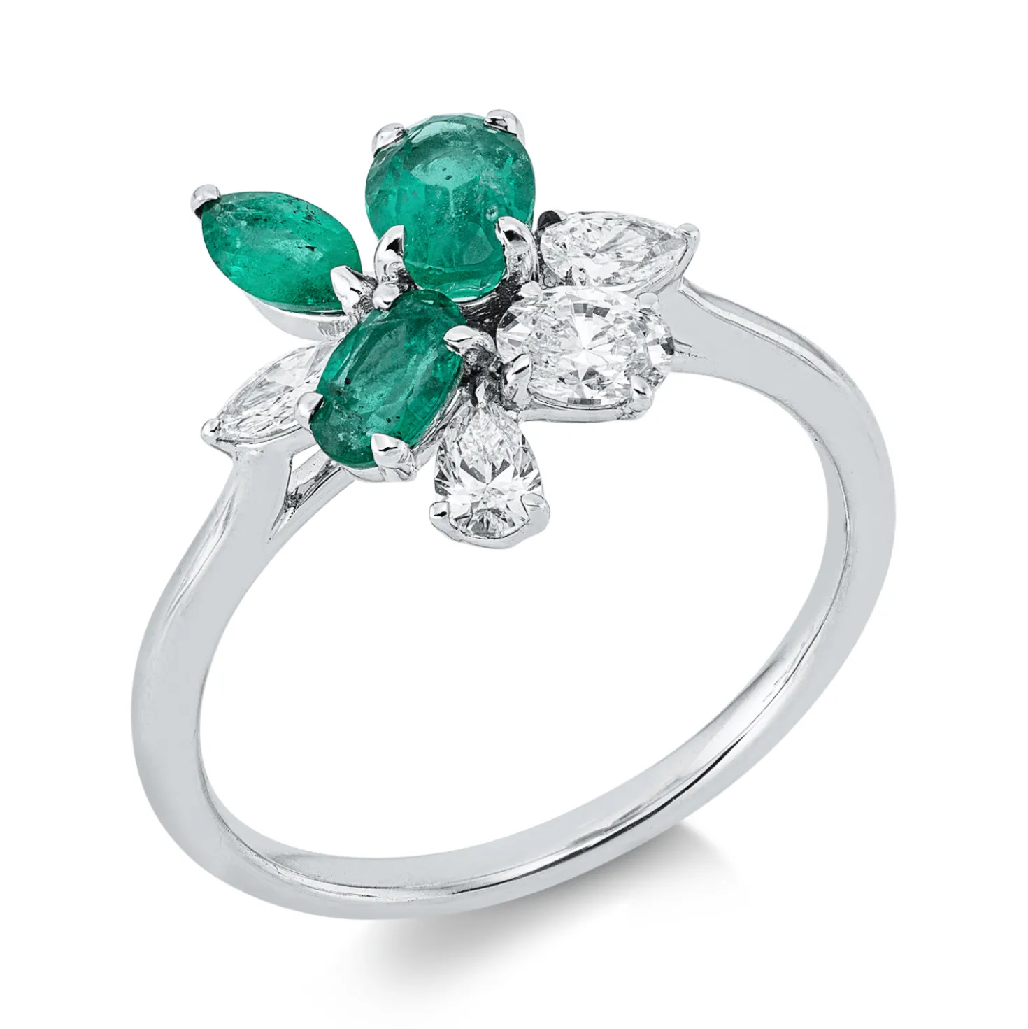 Ring aus 750 Weißgold 3 Smaragde 0,93ct grün 4 Diamanten 0,48ct TW-SI B:12,3mm