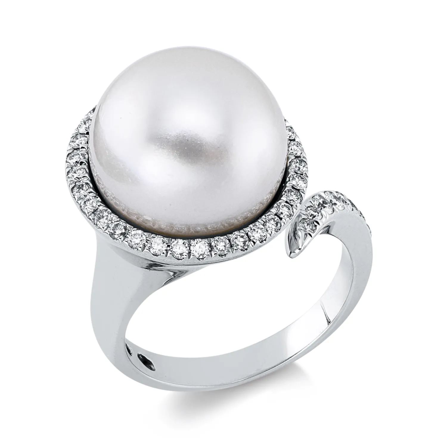 Ring aus 750 Weißgold Süßwasser-Perle 12,4mm weiß 41 Brillanten 0,36ct F-SI