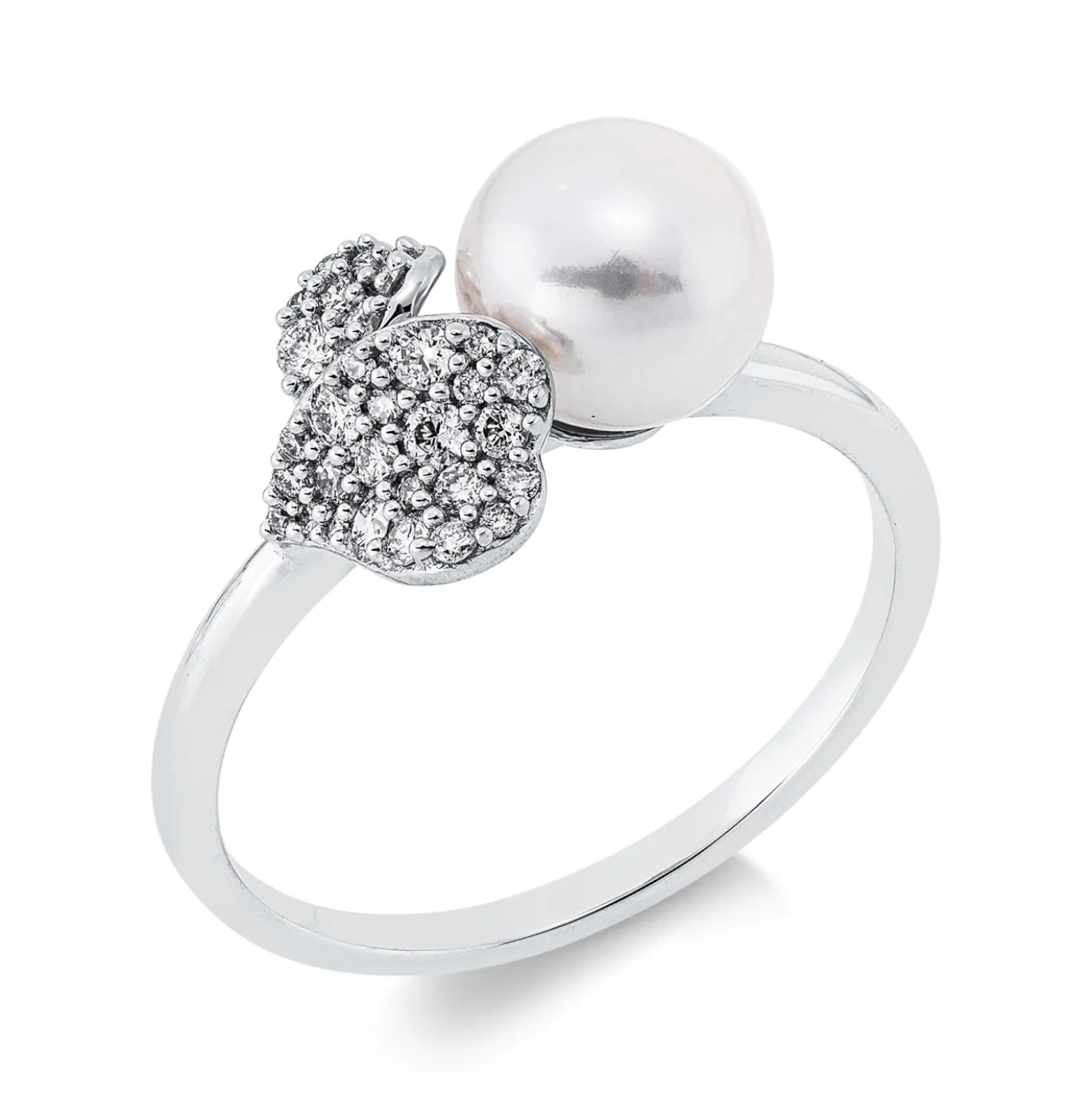 Ring aus 750 Weißgold Süßwasser-Perle 7mm weiß 34 Brillanten 0,2ct TW-SI