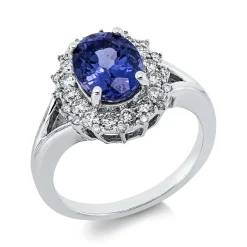 Ring aus 750 Weißgold Tansanit 2,32ct blau 32 Brillanten 0,49ct F-VSI B:14mm