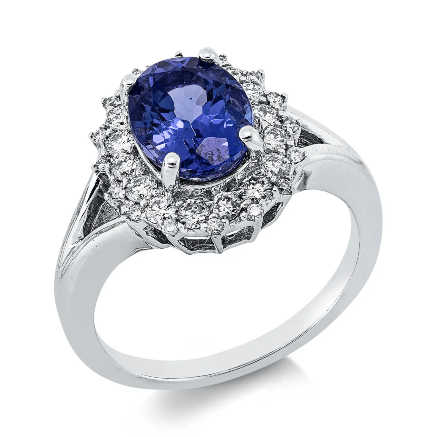 Ring aus 750 Weißgold Tansanit 2,32ct blau 32 Brillanten 0,49ct F-VSI B:14mm
