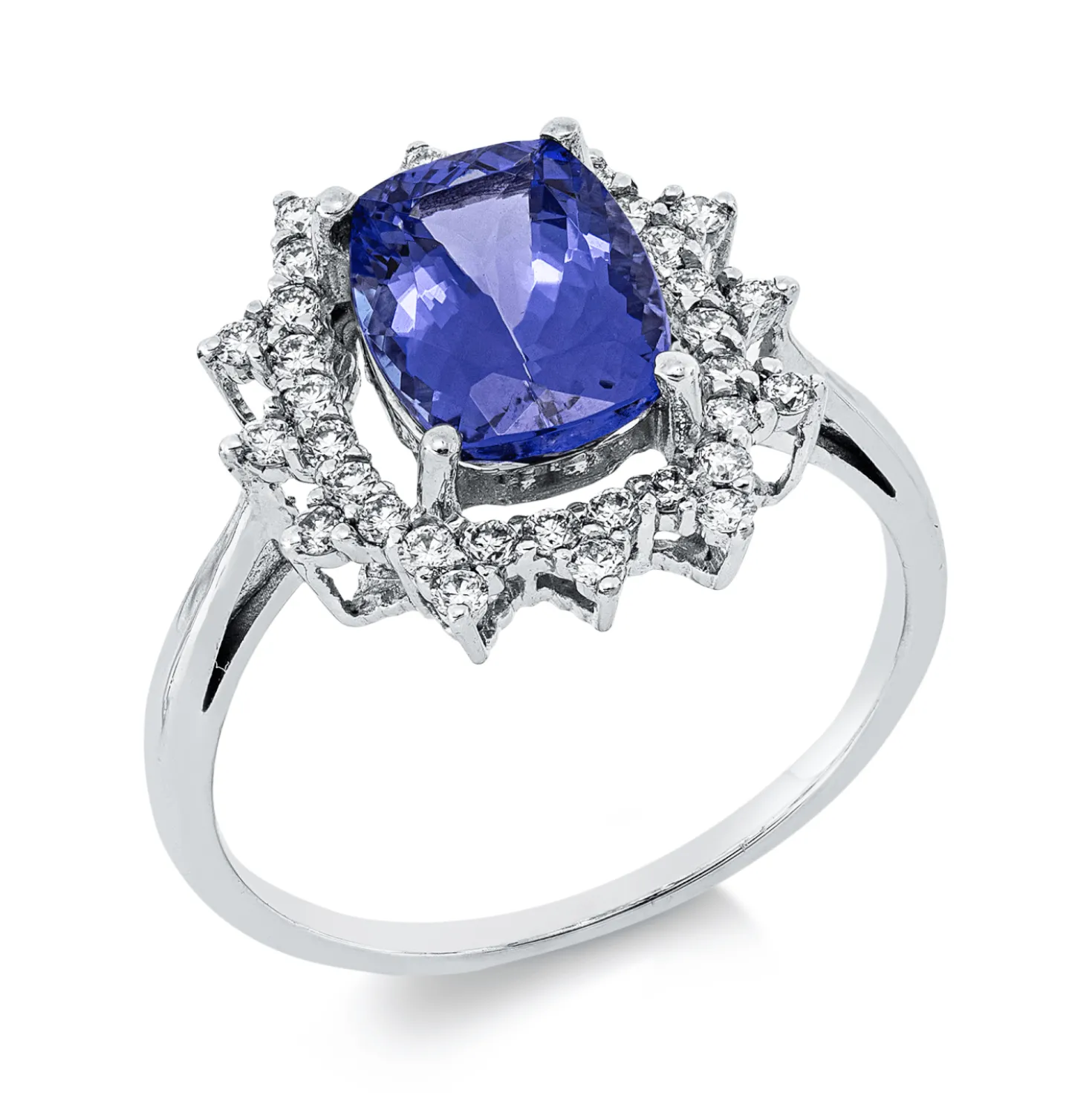 Ring aus 750 Weißgold Tansanit 2,2ct blau 36 Brillanten 0,36ct F-VSI B:14,8mm