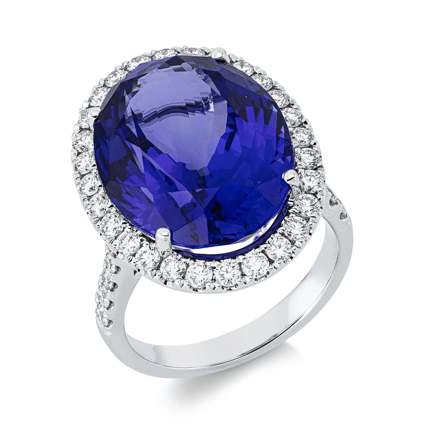 Ring aus 750 Weißgold Tansanit 16,75ct blau 42 Brillanten 0,93ct TW-SI B:22,2mm