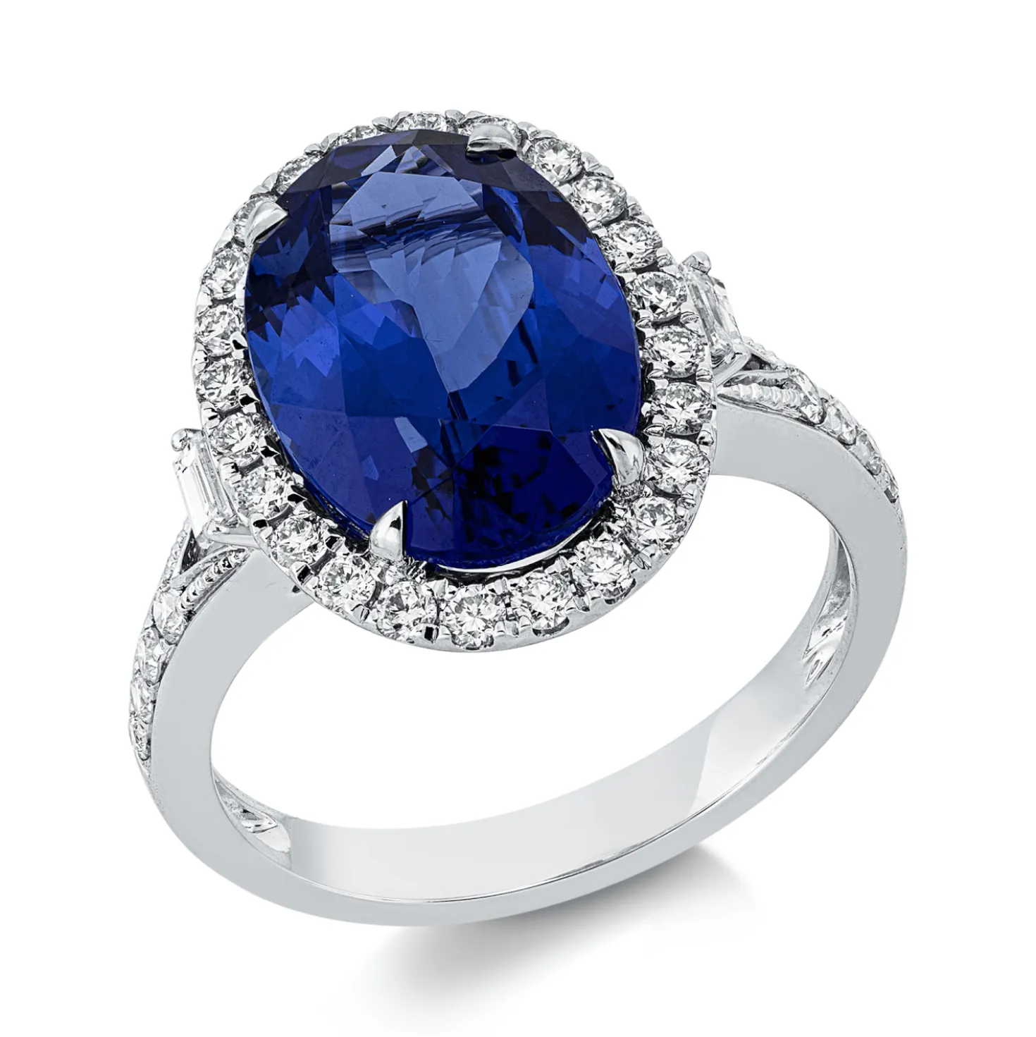 Ring aus 750 Weißgold Tansanit 5,12ct blau 34 Diamanten 0,56ct TW-SI B:16,1mm