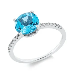 Ring aus 750 Weißgold Topas 2,1ct blau 14 Diamanten 0,11ct TW-SI B:8mm 4er-Krappe