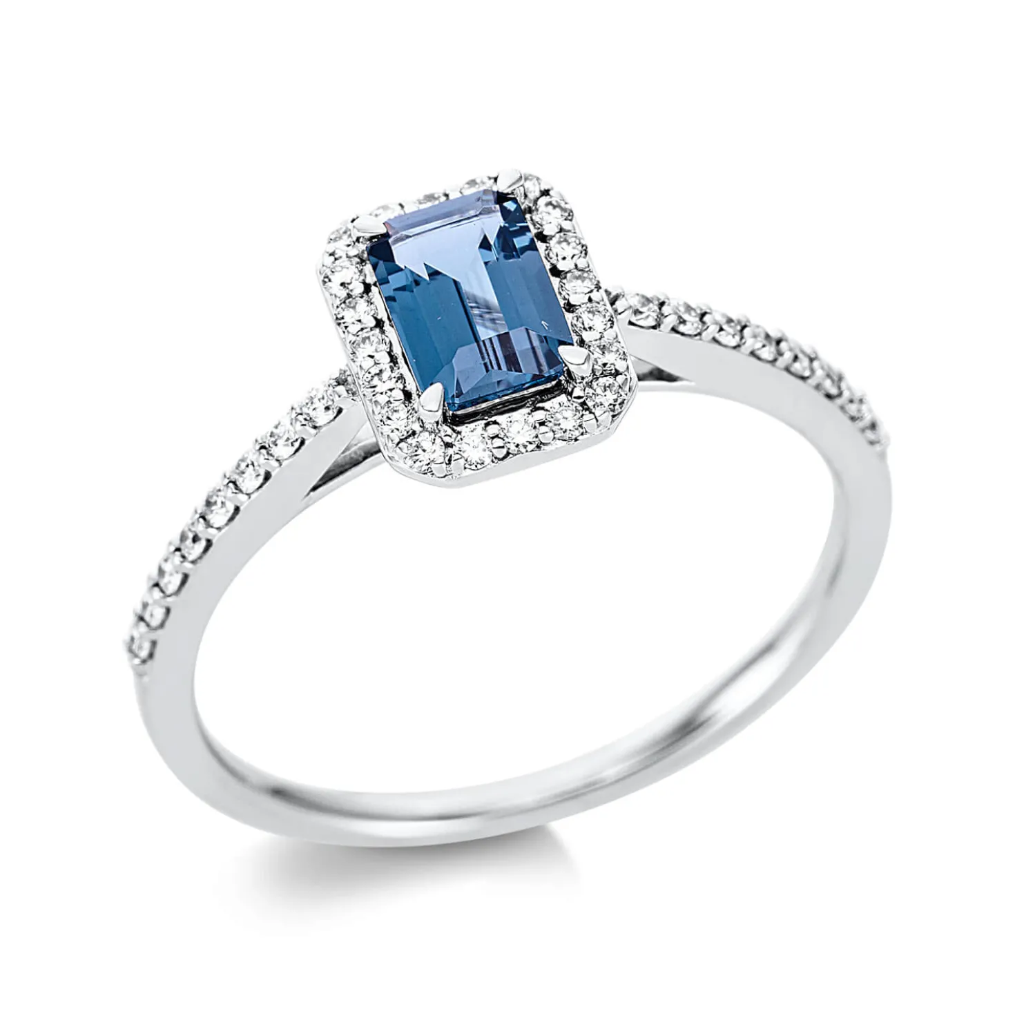 Ring aus 750 Weißgold Topas 0,6ct London Blue 36 Brillanten 0,19ct TW-SI B:8,3mm