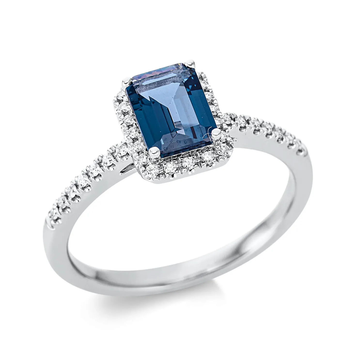 Ring aus 750 Weißgold Topas 1,08ct London Blue 34 Brillanten 0,11ct TW-SI B:8,4mm