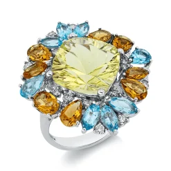 Ring aus 750 Weißgold 17 Topase 13,7ct blau 14 Brillanten 0,4ct W-SI/PI B:30,2mm