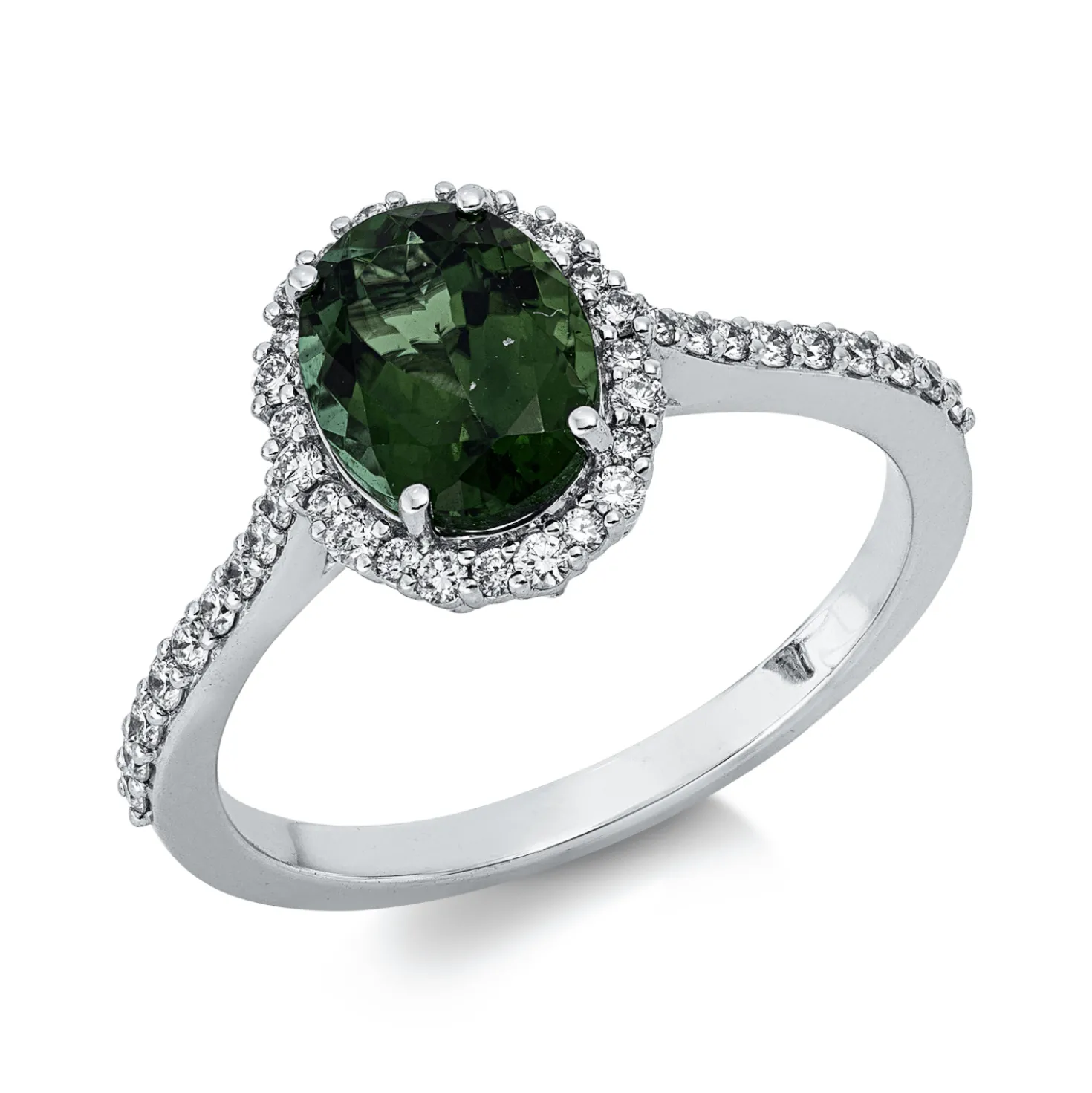 Ring aus 750 Weißgold Turmalin 1,44ct grün 42 Brillanten 0,26ct TW-SI B:10,7mm