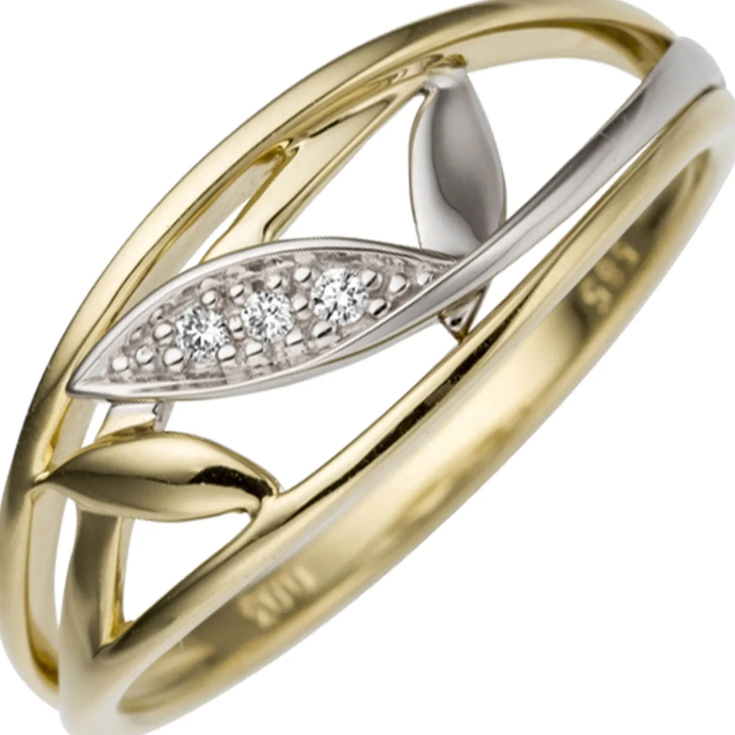 Ring Blätter mit 3 Diamant 0.03Ct W/SI Brillanten 585 Gold Gelbgold Weißgold
