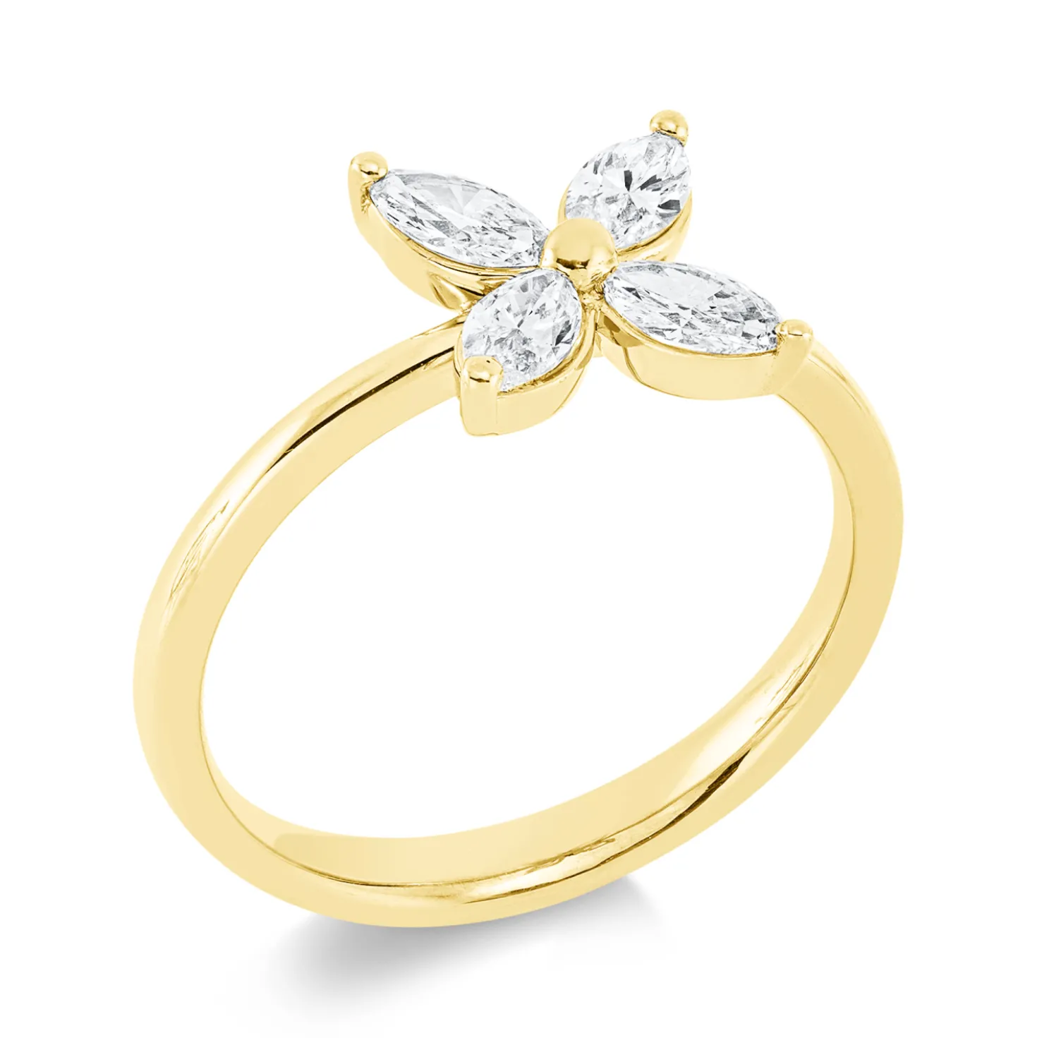 Ring Blume aus 750 Gelbgold 4 Diamanten Navette-Schliff 0,64ct TW-SI H:8,9mm