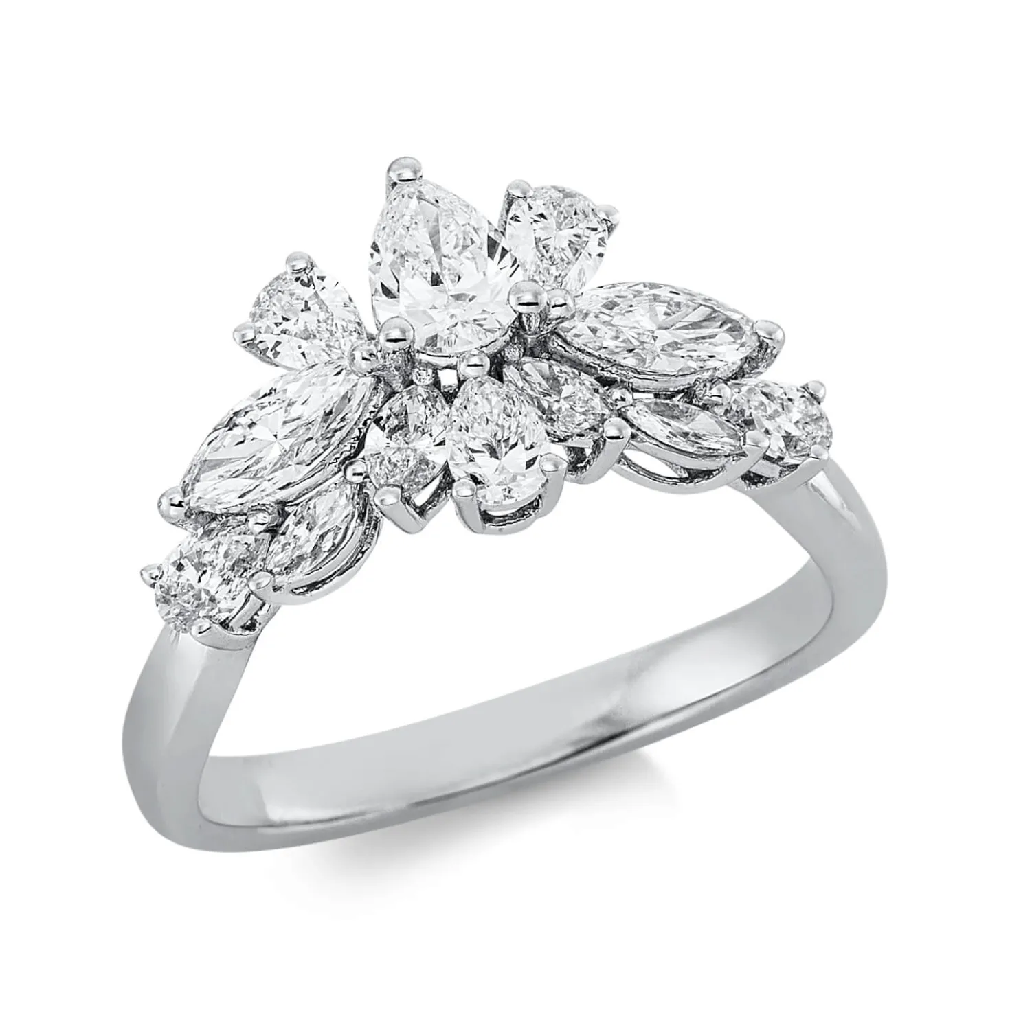 Ring Blume aus 750 Gold Weißgold 12 Diamanten 1,48ct TW-SI B:18,6mm