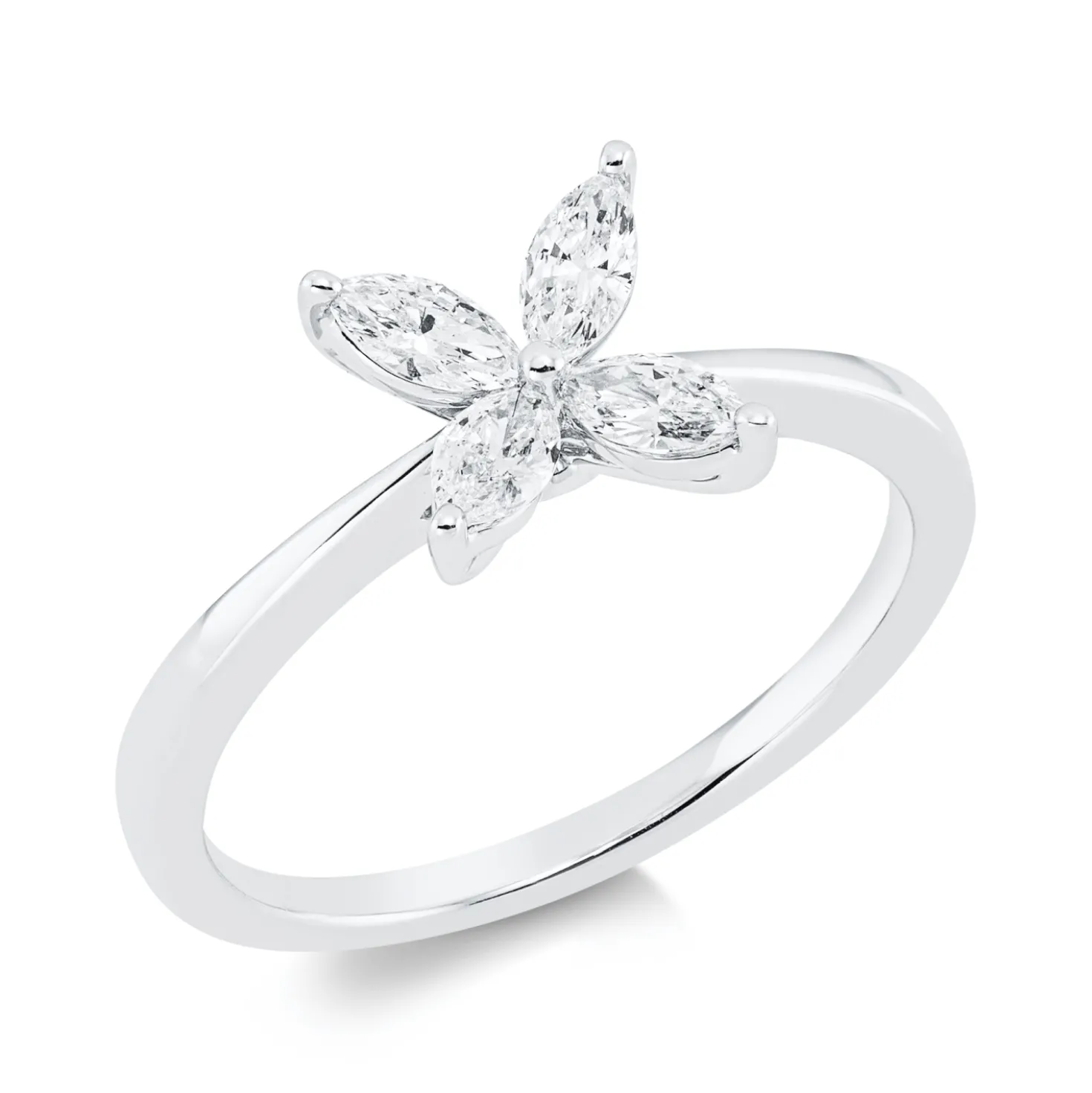 Ring Blume aus 750 Weißgold 4 Diamanten Navette-Schliff 0,45ct TW-VSI/SI B:7,8mm