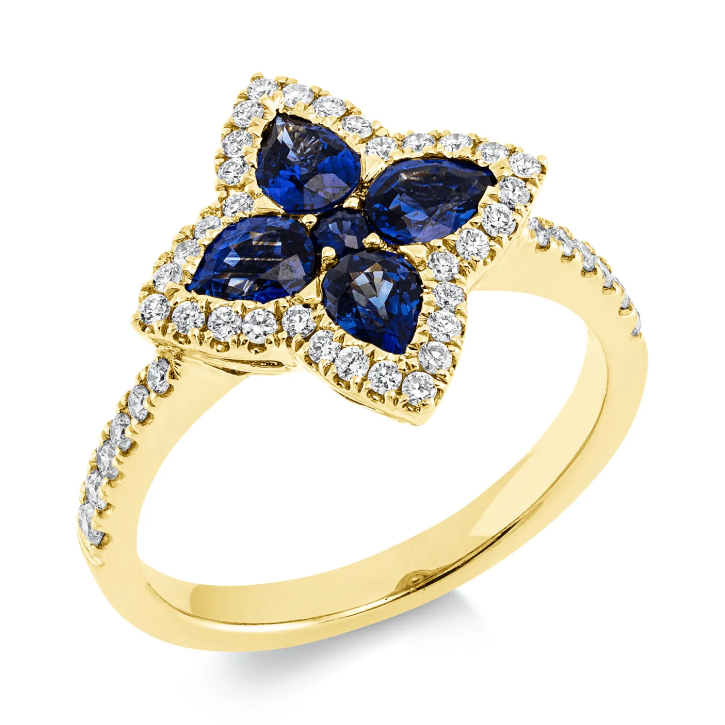 Ring Blume 750 Gelbgold 5 Saphire 1,17ct blau 44 Brillanten 0,34ct TW-SI B:14,7mm