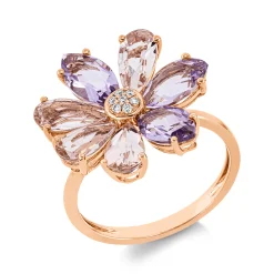 Ring Blume 750 Rotgold 7 Amethyste 4,2ct pink 7 Brillanten 0,04ct TW-SI B:18,1mm