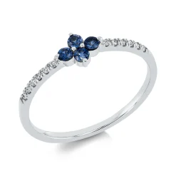 Ring Blume 750 Weißgold 4 Saphire 0,17ct blau 12 Brillanten 0,06ct TW-SI B:5,3mm