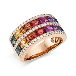 Ring breit aus 750 Rotgold 14 Saphire 3,66ct mehrfarbig 66 Brillanten 0,49ct TW-SI