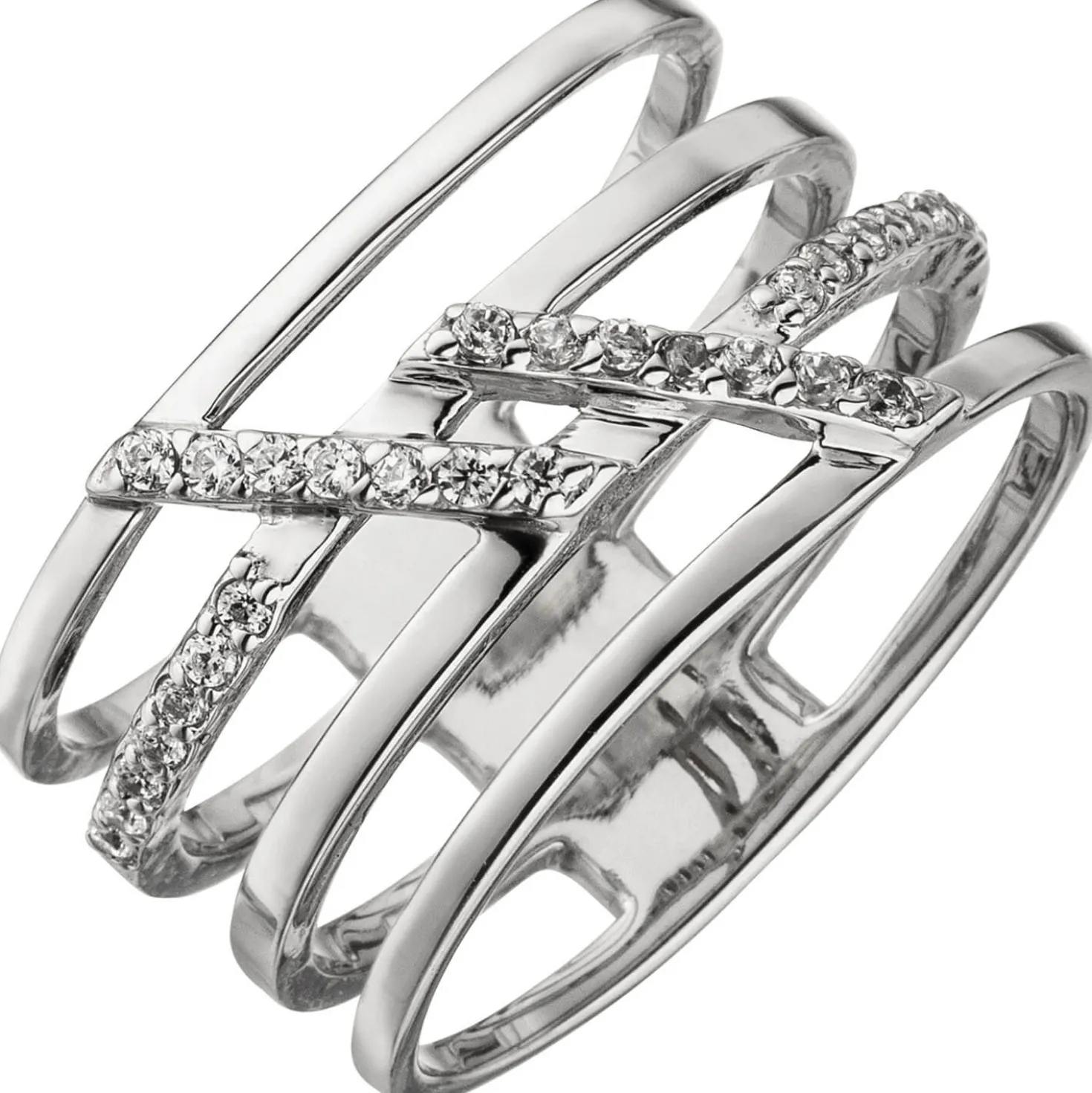 Ring breiter Damenring 4-reihig mit weißen Zirkonia 925 Silber Fingerschmuck