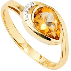 Ring Citrin & 4 Diamanten Brillanten 0.02Ct 585 Gold Gelbgold Damen